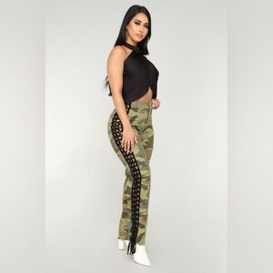 Fashion Nova Olive Green Camo Lace-Up Pants